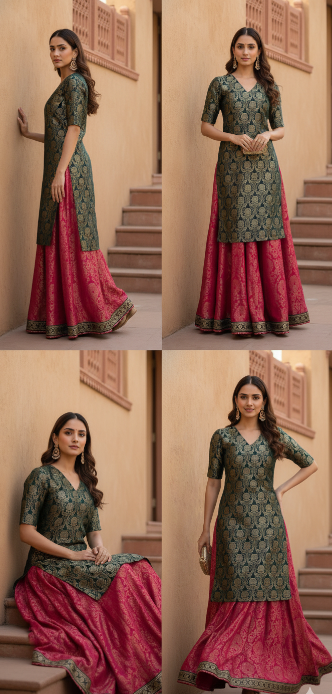 Emerald Brocade Kurti with Royal Magenta Skirt Set