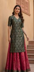 Emerald Brocade Kurti with Royal Magenta Skirt Set