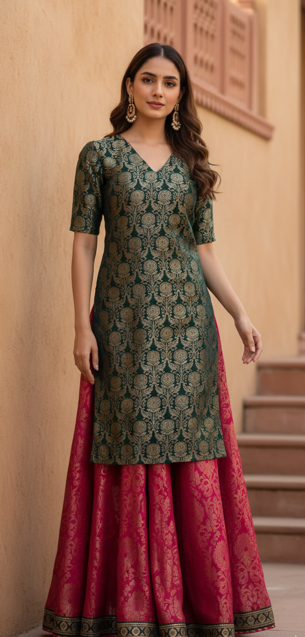 Emerald Brocade Kurti with Royal Magenta Skirt Set