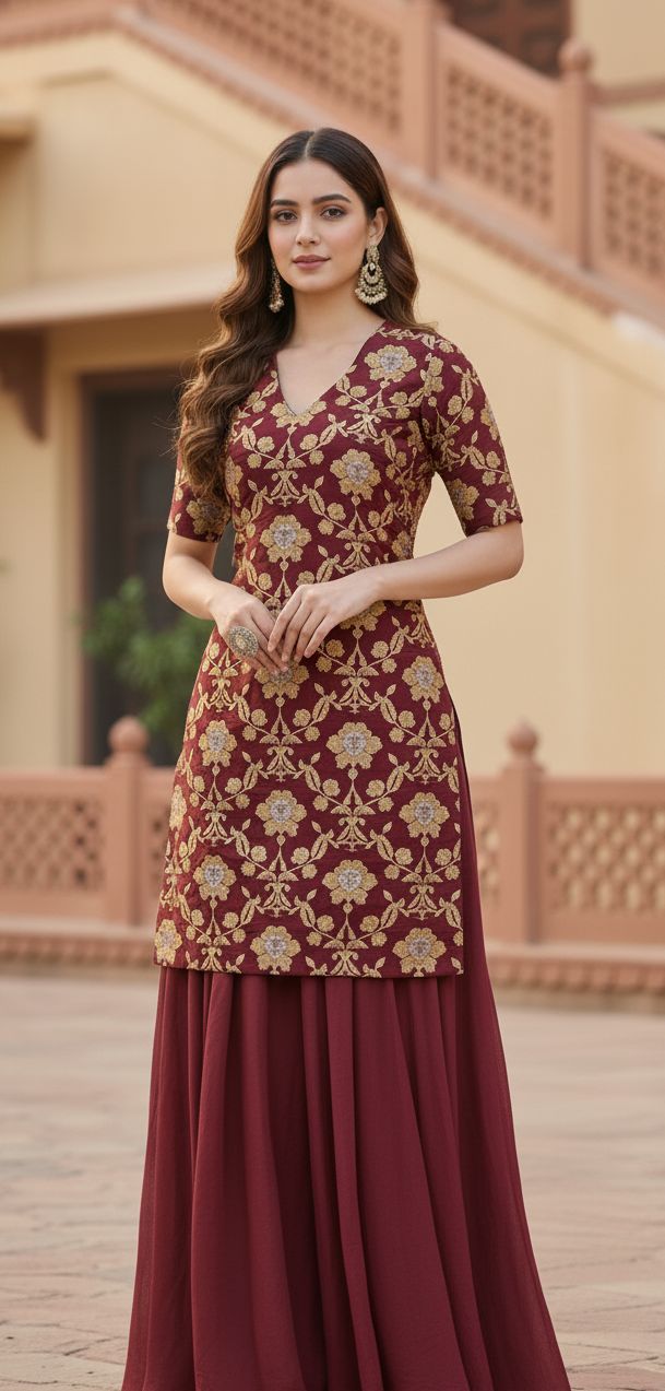 Maroon Zari BANARASI BROCADE Short Kurti with Flared Sharara Set