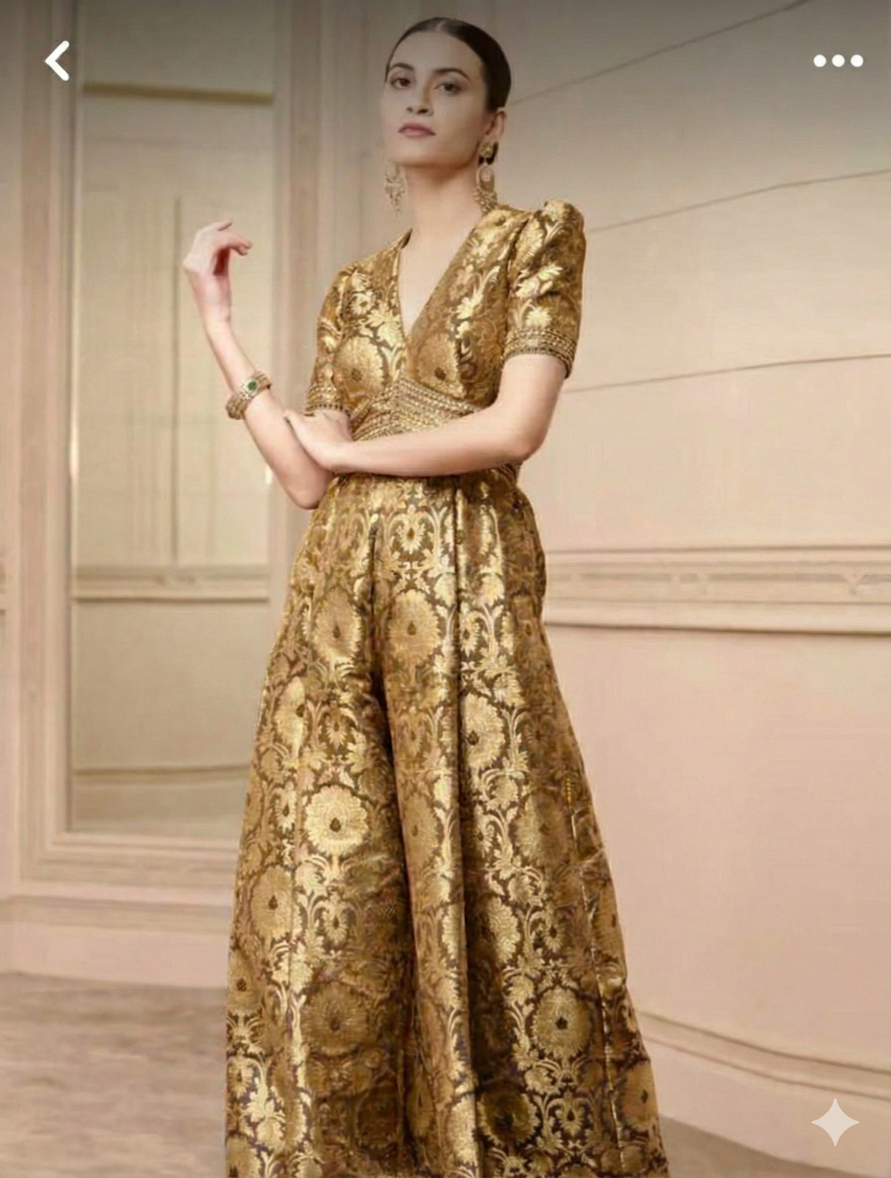 Handwoven Banarasi Brocade Suit Widelegged Party Wear Jumpsuit In Pista Golden Colour