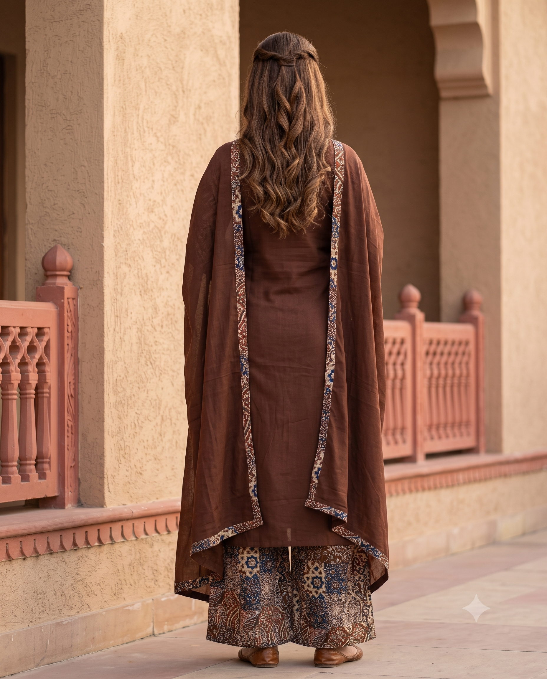 Roasted Coffee Brown Cotton Kurta Set | Patchwork Panel, Palazzo & Dupatta | Jaipur Trendz