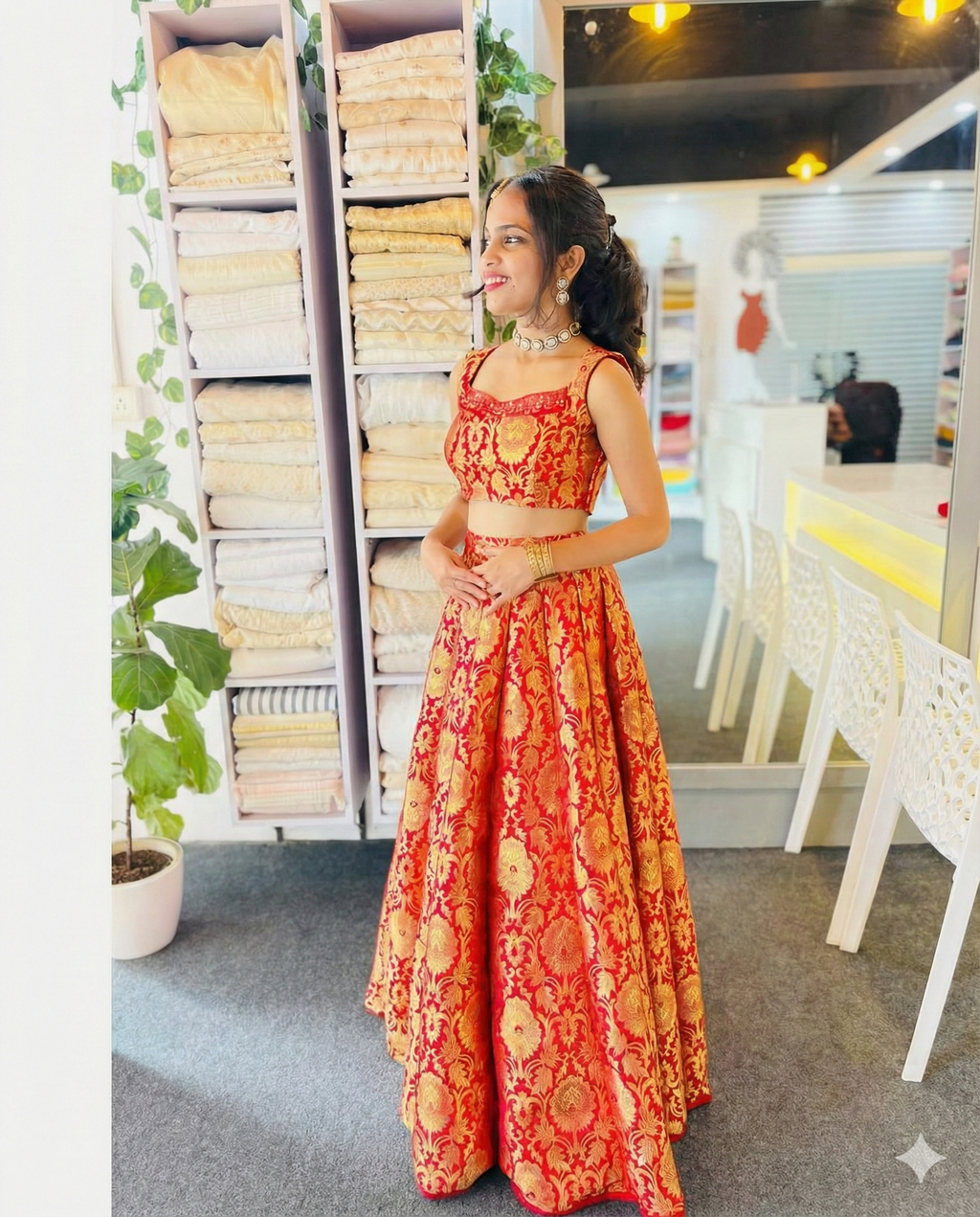 Red & Gold Brocade Crop Top with High-Waisted Flared Lehenga | Jaipur Trendz