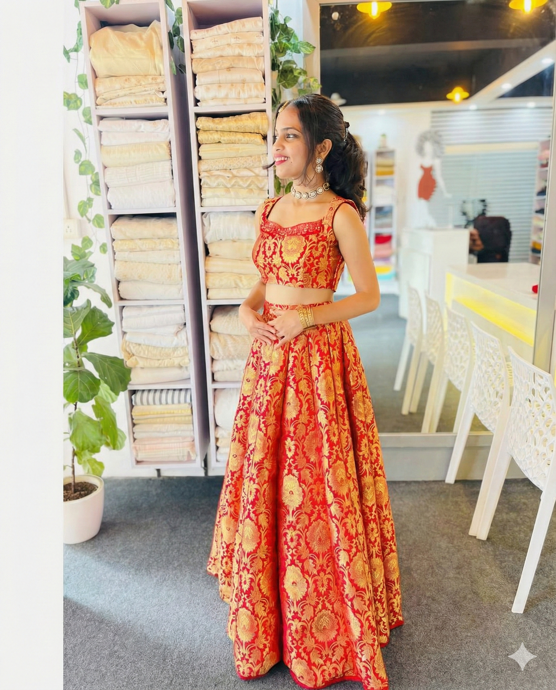 Red & Gold Brocade Crop Top with High-Waisted Flared Lehenga