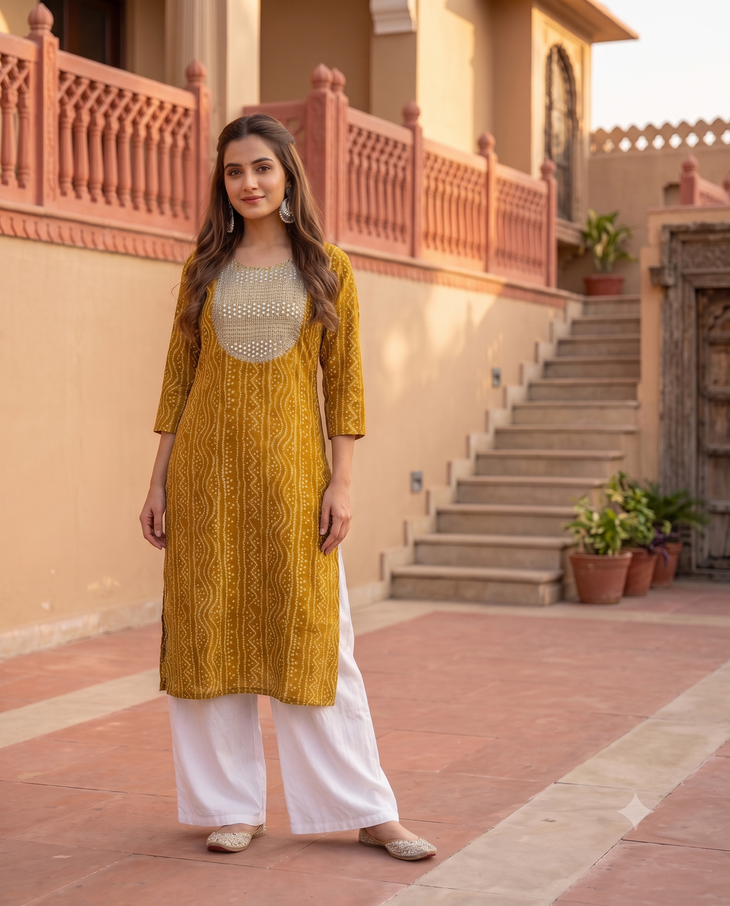 Bandhani Cotton Kurta | Resham Embroidered Yoke with Mirror Work | Jaipur Trendzz
