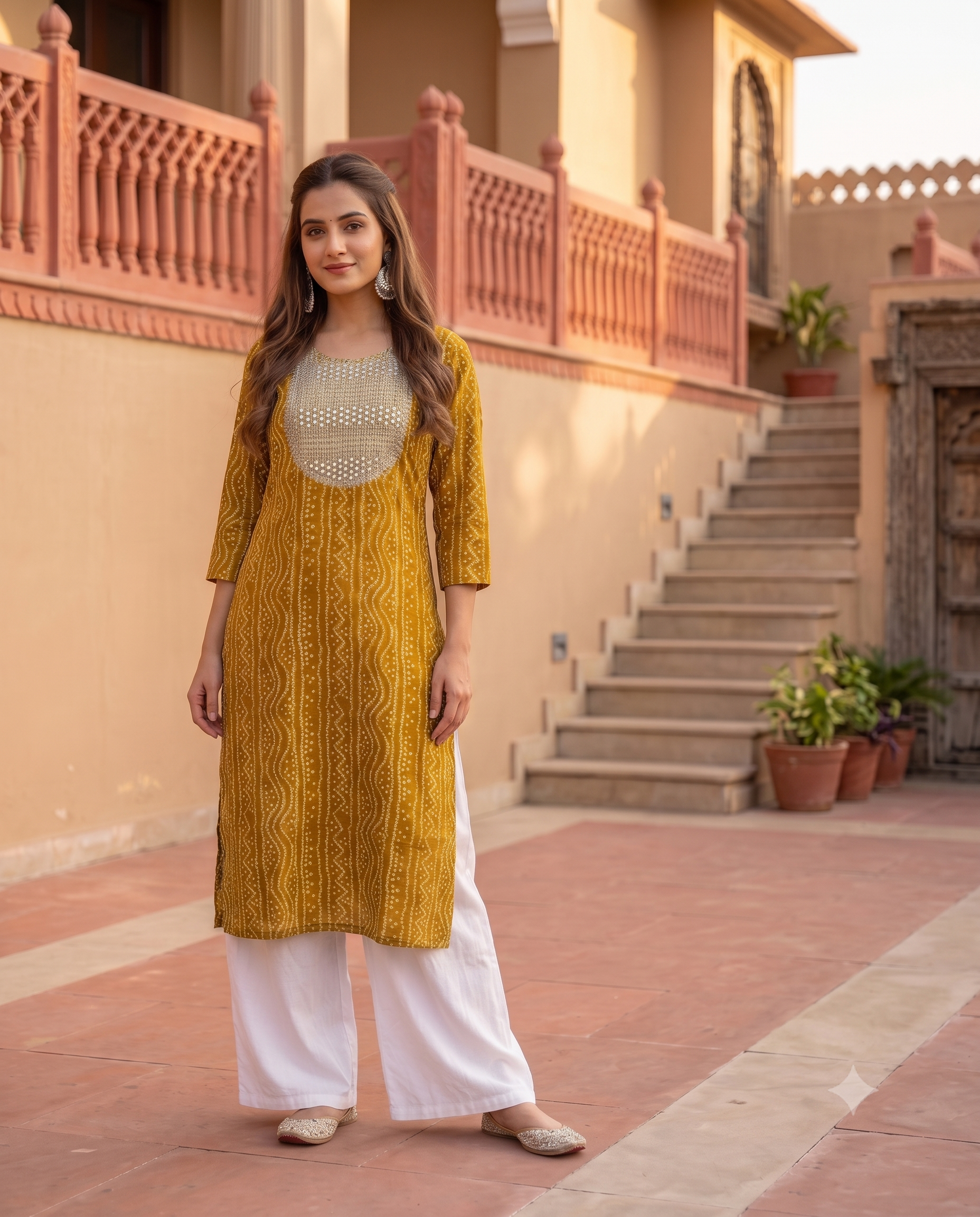 Bandhani Cotton Kurta | Resham Embroidered Yoke with Mirror Work | Jaipur Trendzz