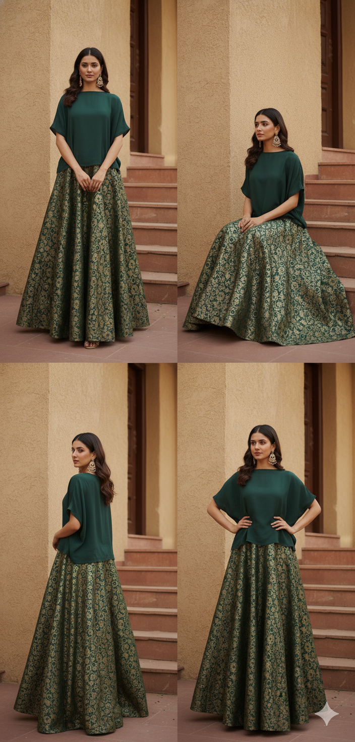 Black And Green Knit Top & Regal Gold Brocade Lehenga Skirt
