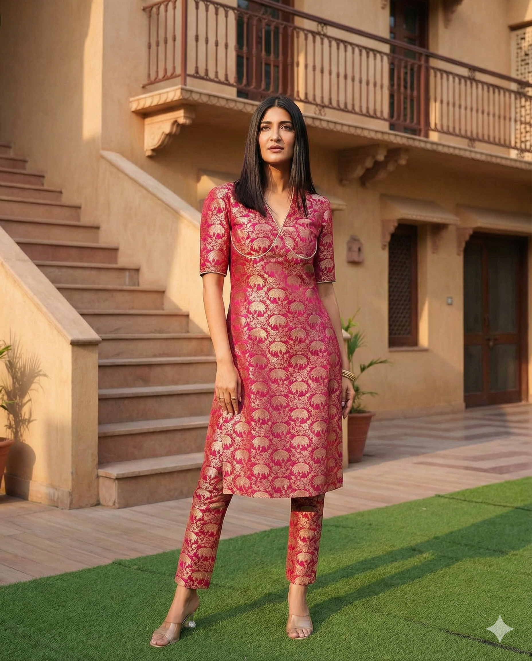 Regal Magenta Banarasi Brocade Kurti with Pant Set