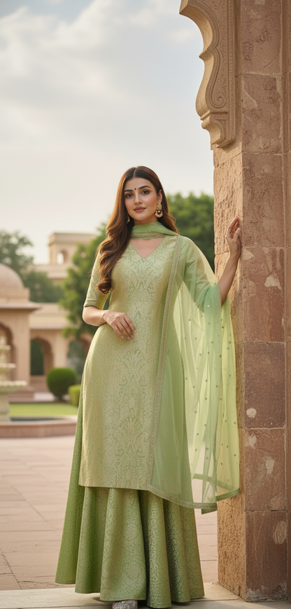 The Avanti Brocade V-Neck Kurta and Flared Sharara Ensemble