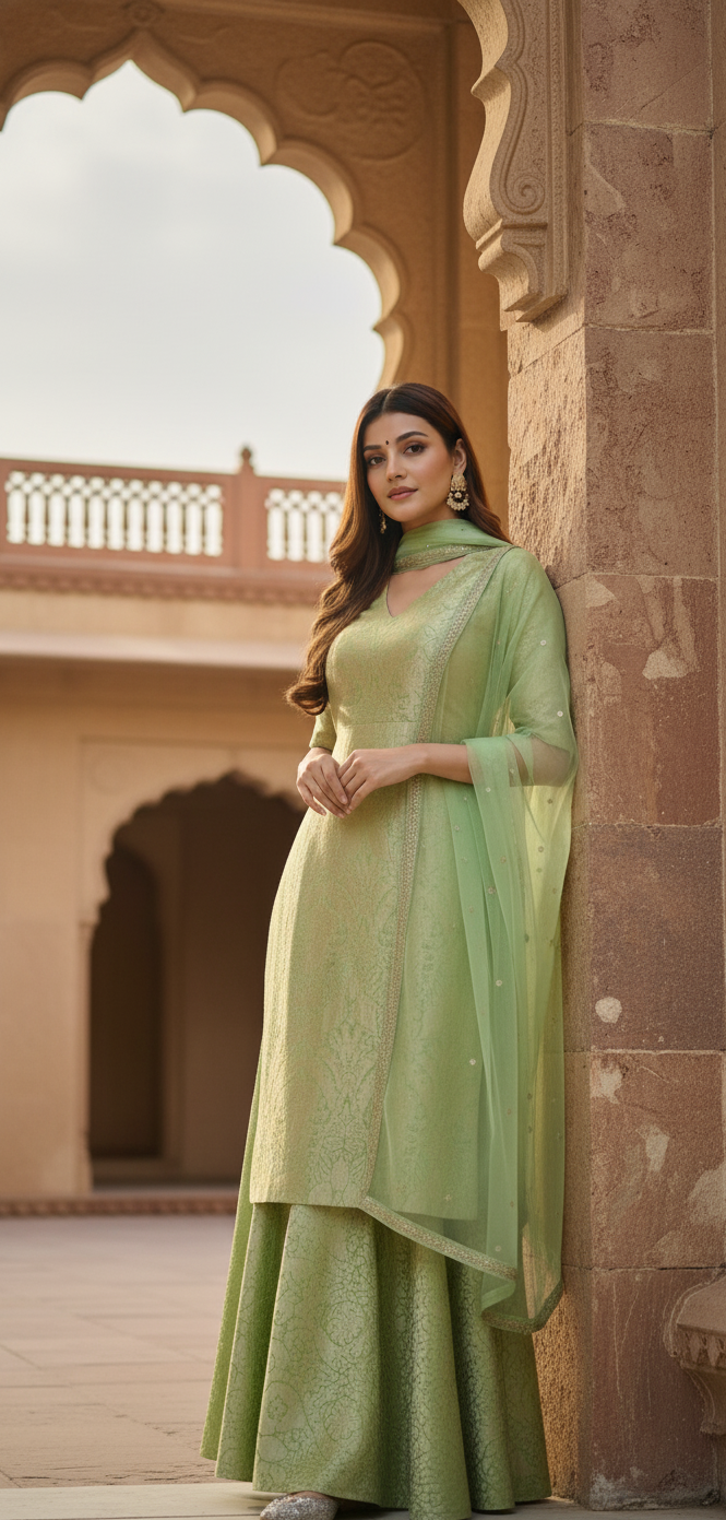 The Avanti Brocade V-Neck Kurta and Flared Sharara Ensemble