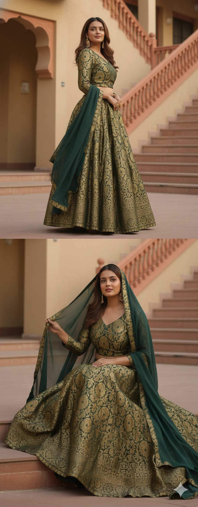 Gold Brocade & Deep Green Bropcade Lehenga Choli