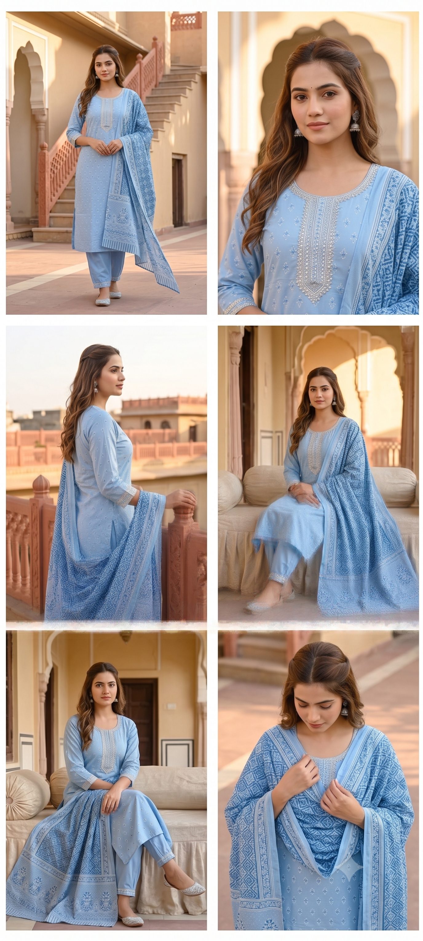Serene Sky Blue Hand-Block Printed Kurti Set | Gota Patti Neckline & Dupatta | Jaipur Trendz