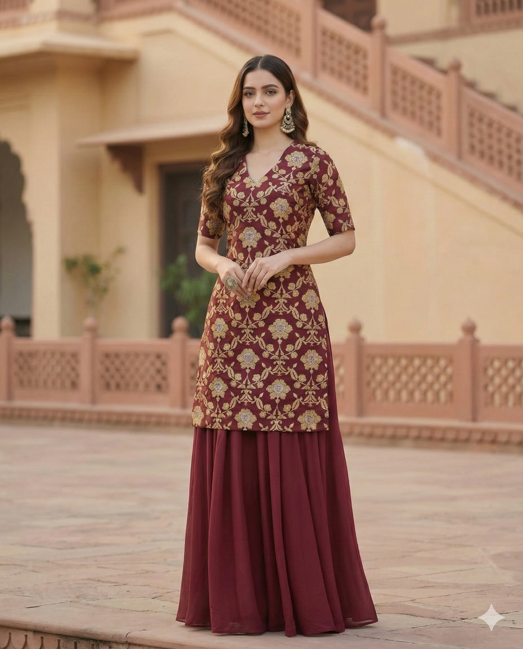 Maroon Zari BANARASI BROCADE Short Kurti with Flared Sharara Set