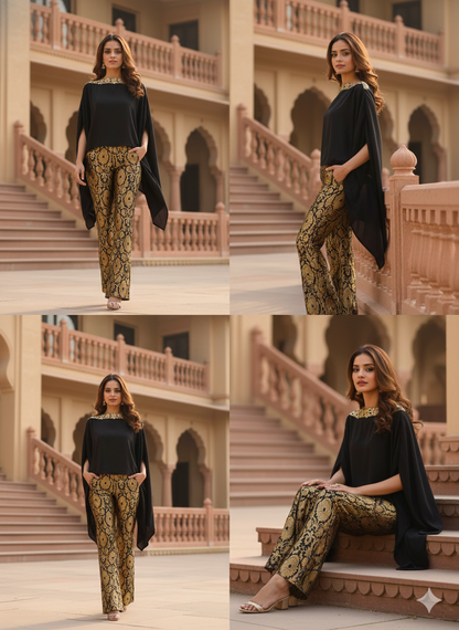 Black Cape Top & Gold Brocade Trouser Set