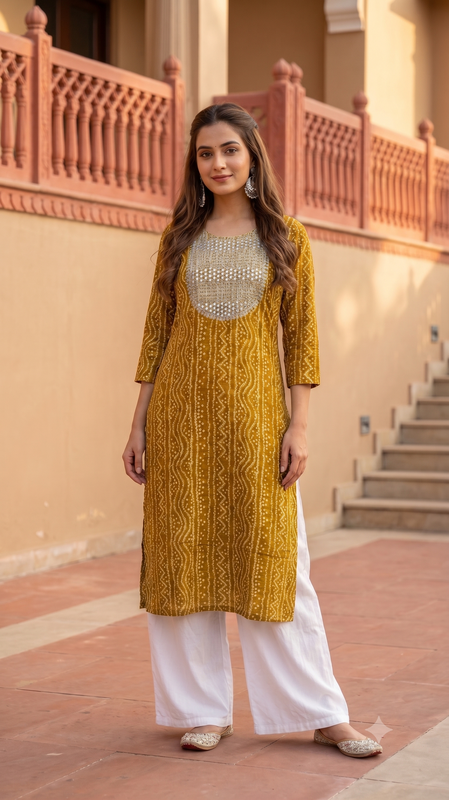 Bandhani Cotton Kurta | Resham Embroidered Yoke with Mirror Work | Jaipur Trendzz
