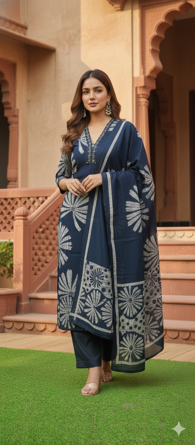 Hand-Block Printed Kurta Set with Kota Doria Dupatta
