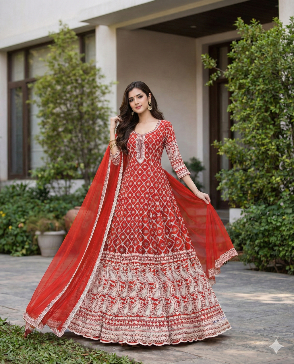 Sequined Cotton Anarkali Gown With Mulmul Lining & Chiffon Dupatta