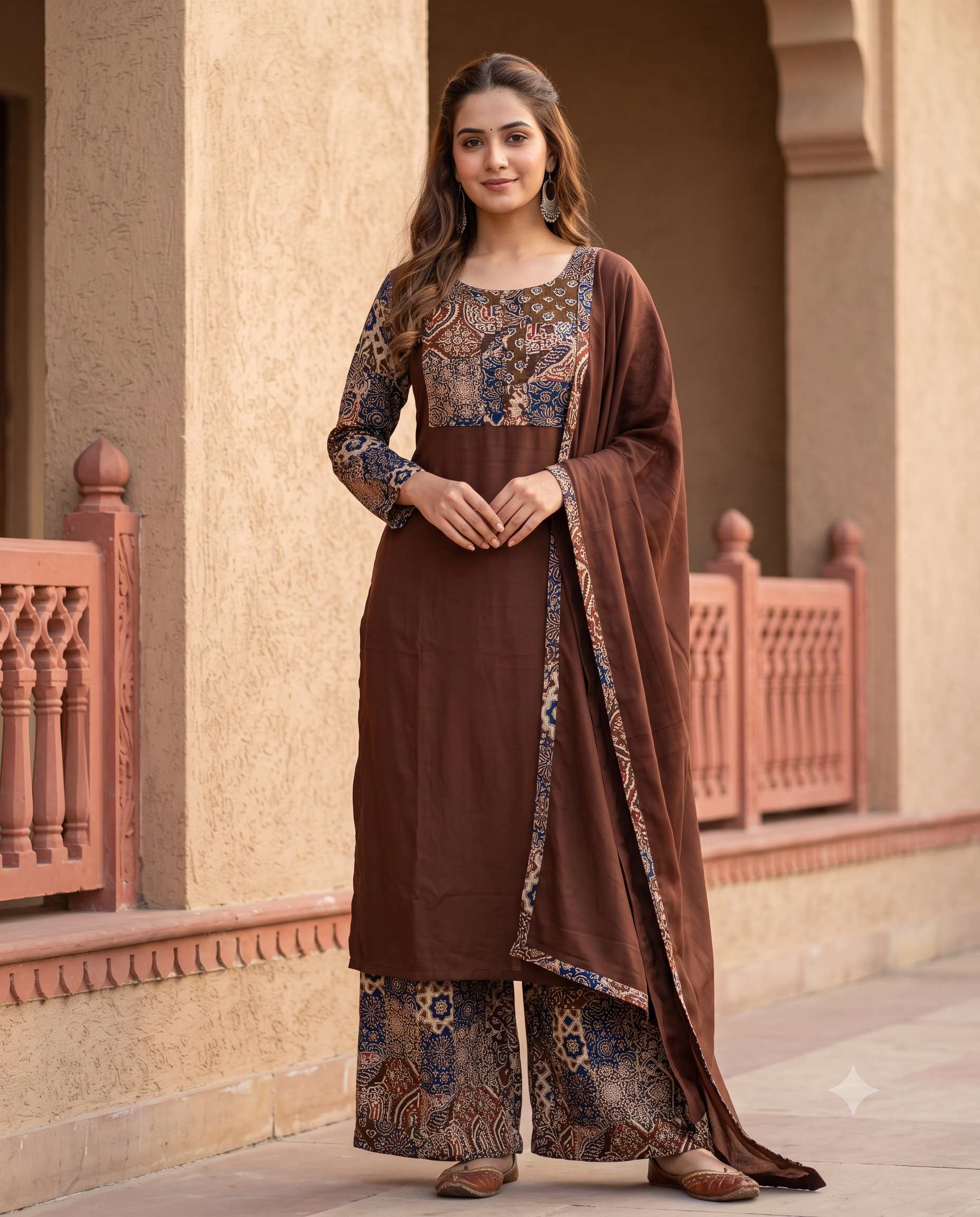 Roasted Coffee Brown Cotton Kurta Set | Patchwork Panel, Palazzo & Dupatta | Jaipur Trendz