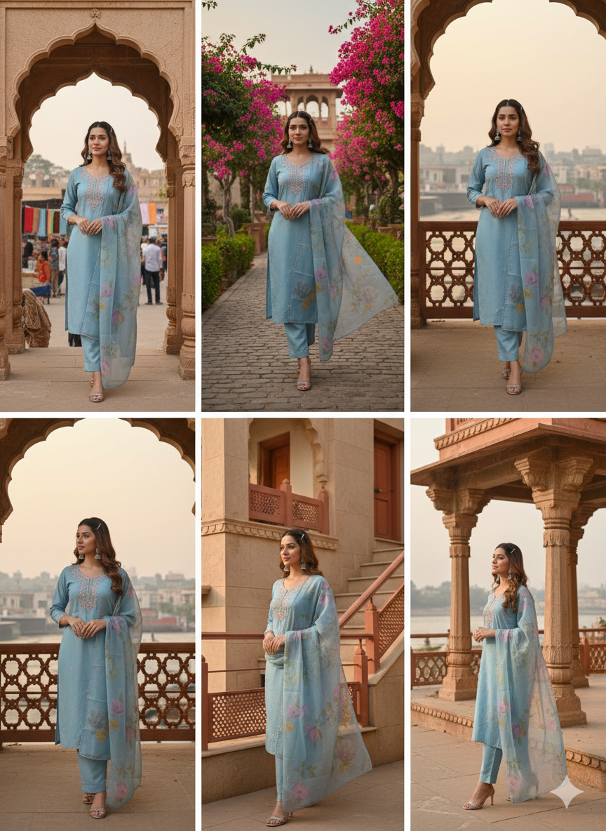 Heavy Silk 3 Piece Set With Organza Dupatta