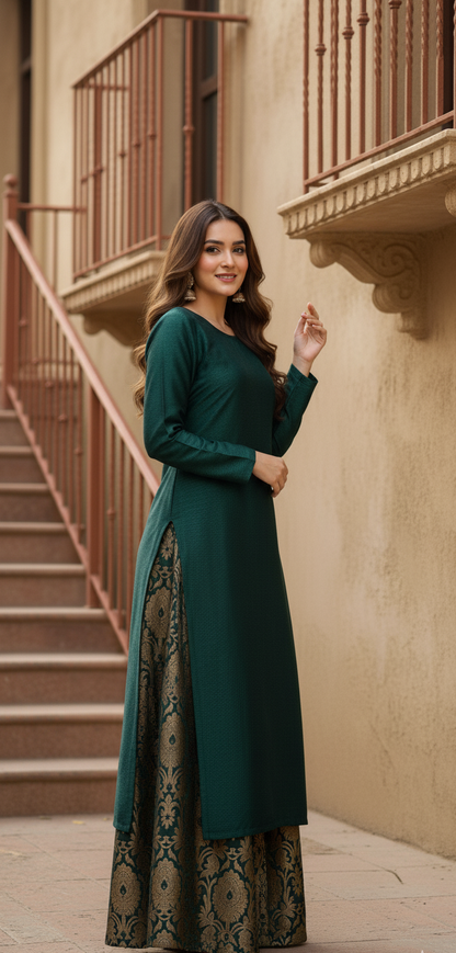 Regal Emerald Green & Gold Brocade Sharara Set