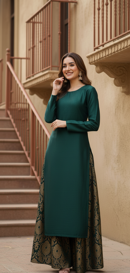 Regal Emerald Green & Gold Brocade Sharara Set