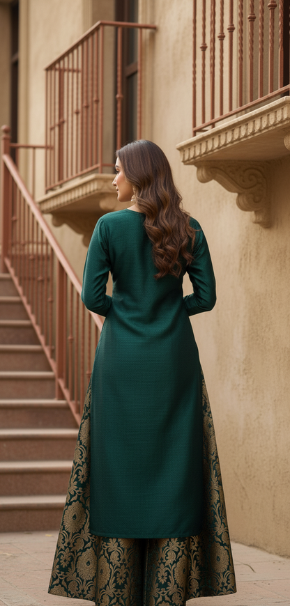 Regal Emerald Green & Gold Brocade Sharara Set