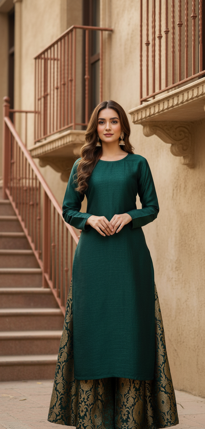 Regal Emerald Green & Gold Brocade Sharara Set