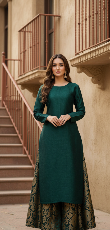 Regal Emerald Green & Gold Brocade Sharara Set