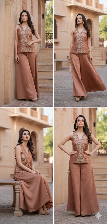 Rose-Gold Brocade Kurti and Palazzo Set