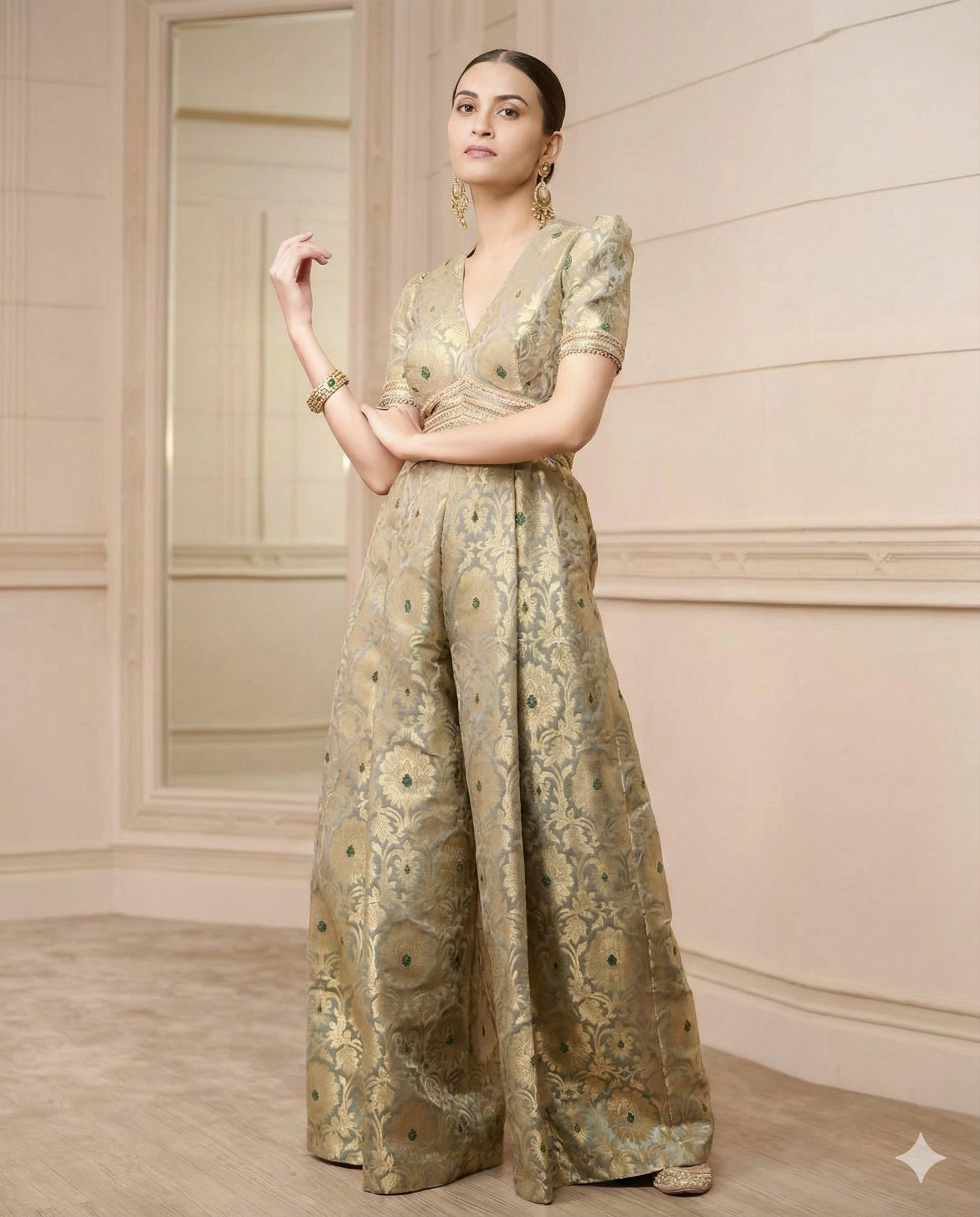 Handwoven Banarasi Brocade Suit Widelegged Party Wear Jumpsuit In Pista Golden Colour, Free Shipping Worldwide
