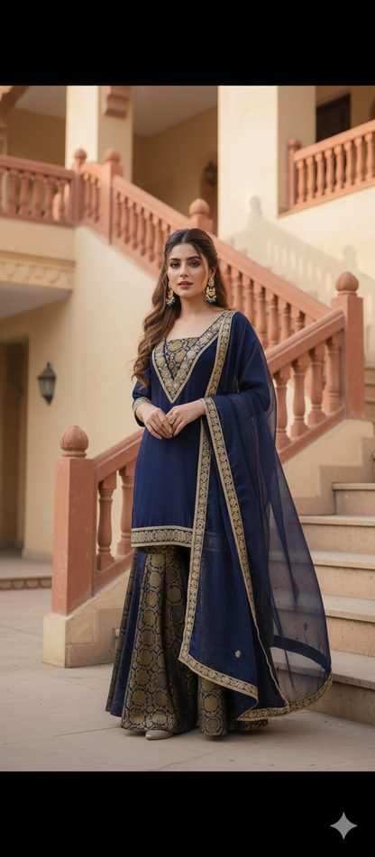 Embroidered  Kurti & Brocade Sharara Set with  Dupatta
