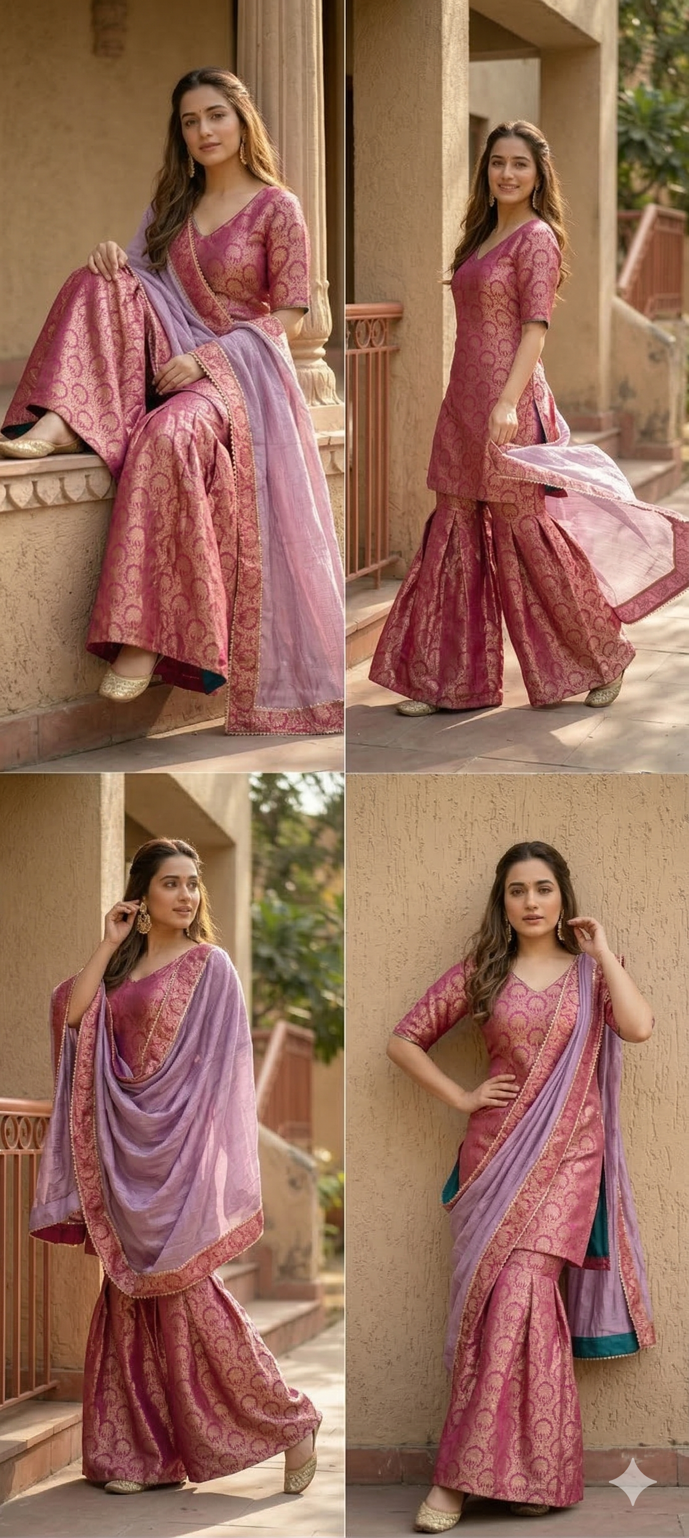 Royal Magenta Brocade Kurta & Flared Sharara with Striped Dupatta