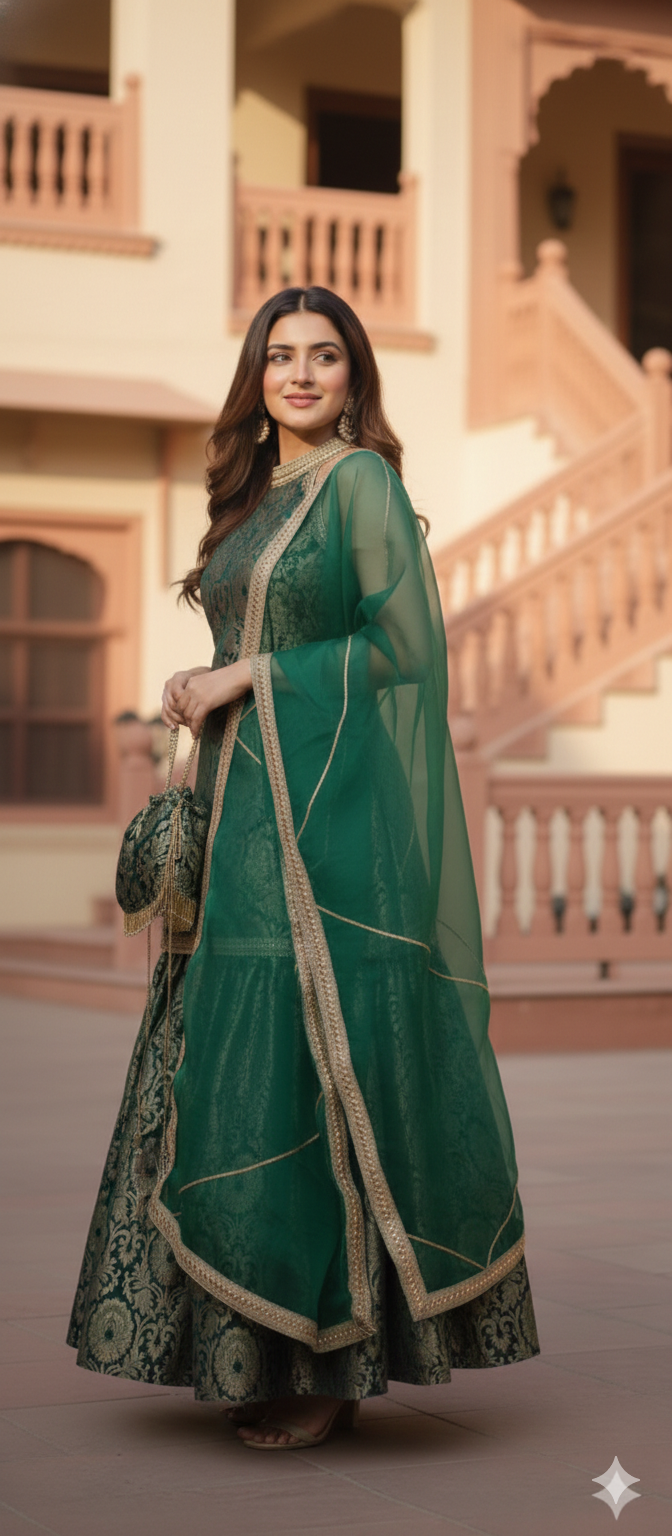 The Emerald Mughal-Print Banarasi Brocade Sharara Set