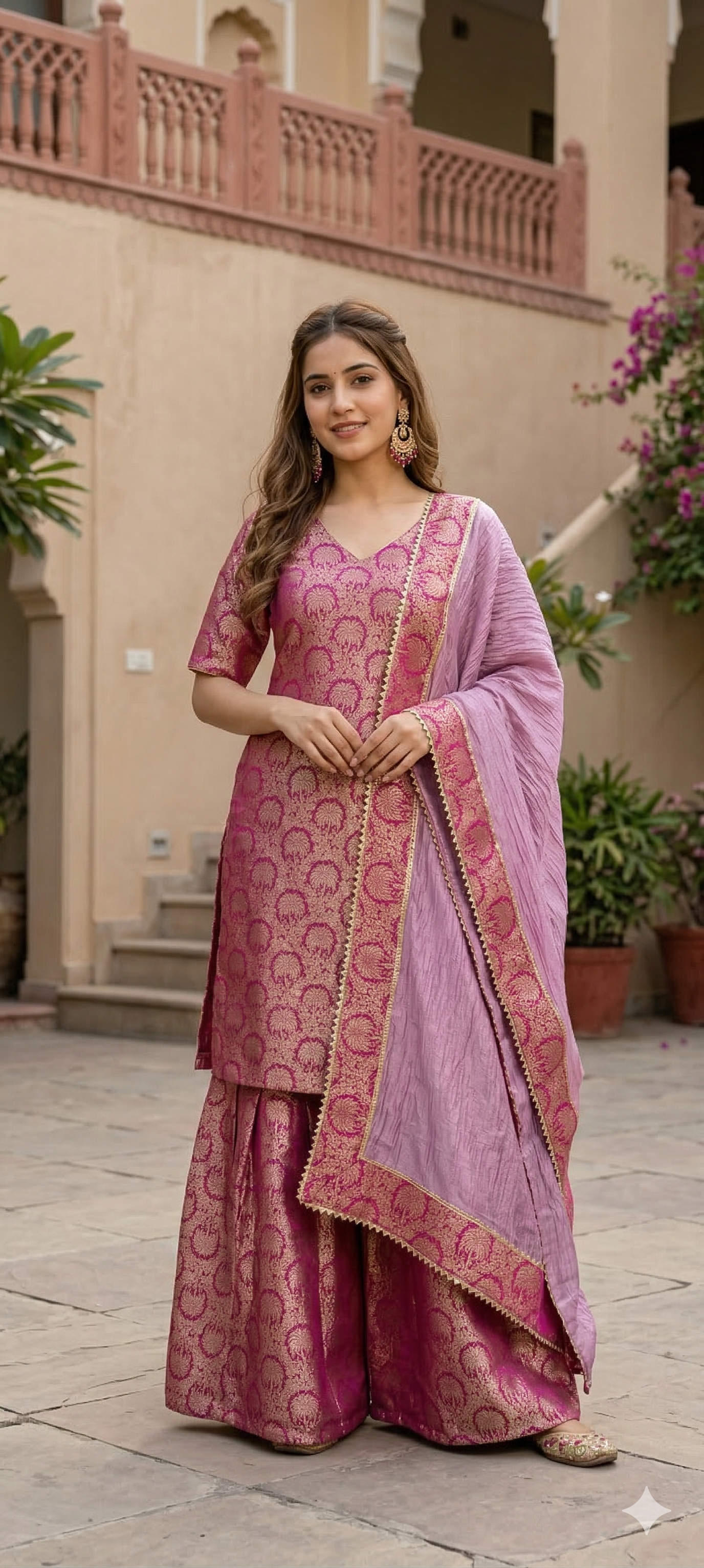 Royal Magenta Brocade Kurta & Flared Sharara with Striped Dupatta