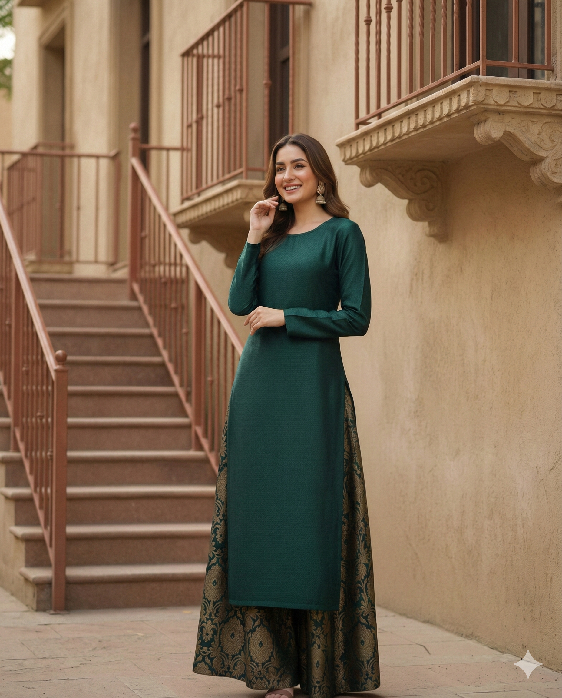 Regal Emerald Green & Gold Brocade Sharara Set