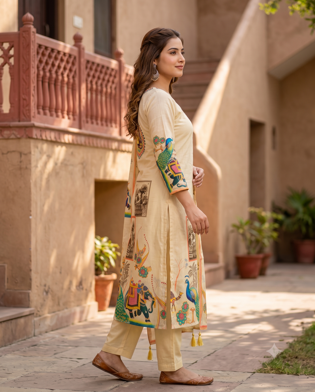 Beige Co-ord Kurta Set with Royal Peacock & Elephant Prints – Pure Cotton Summer Suit