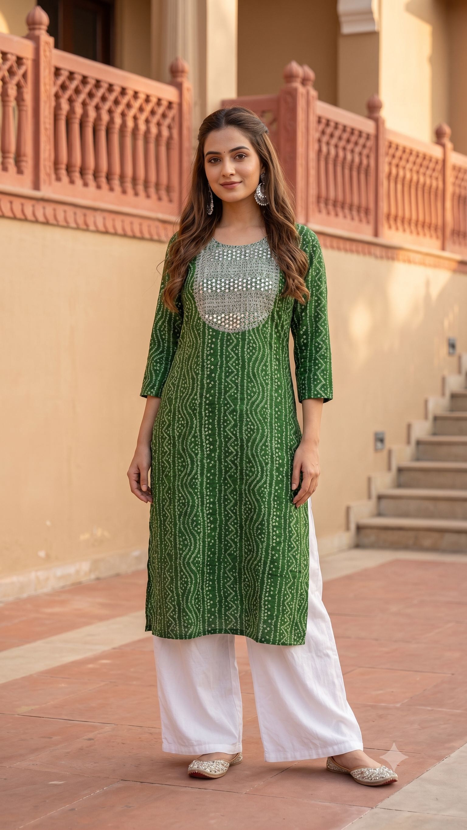 Bandhani Cotton Kurta | Resham Embroidered Yoke with Mirror Work | Jaipur Trendzz