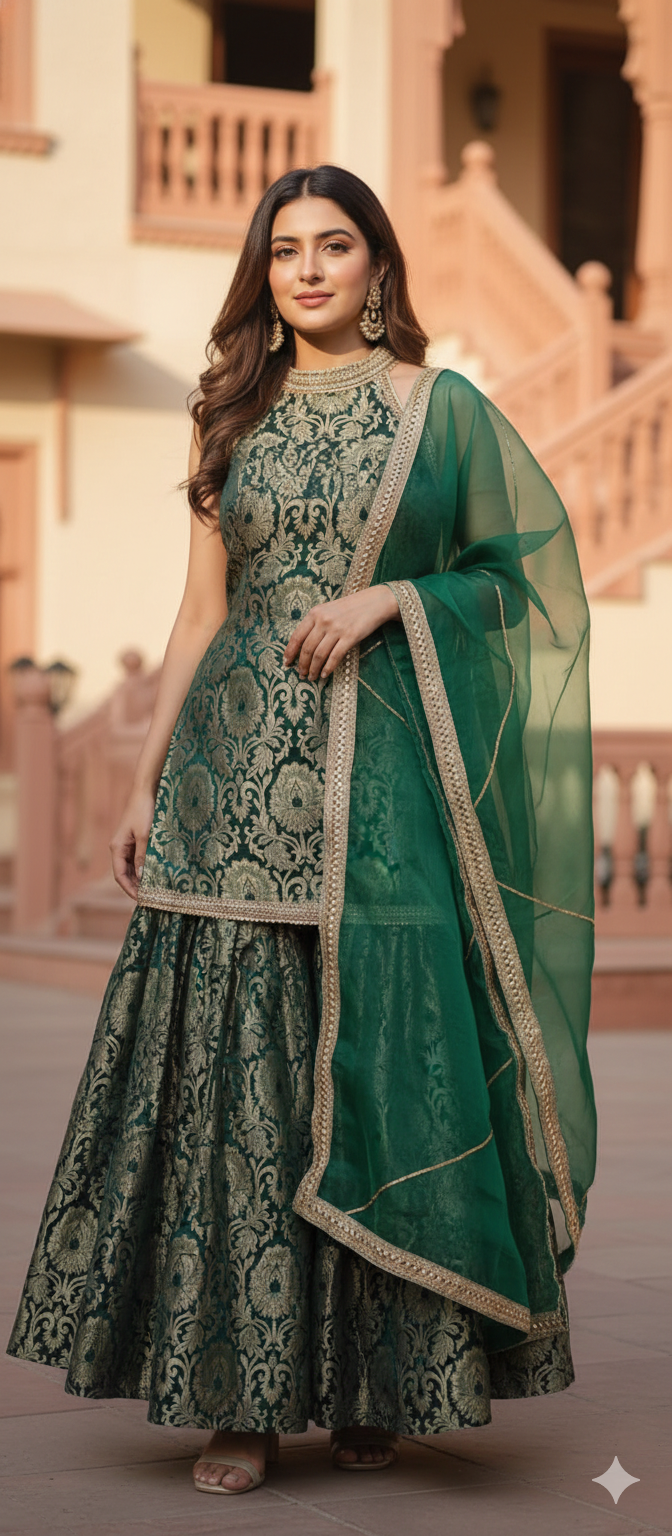 The Emerald Mughal-Print Banarasi Brocade Sharara Set