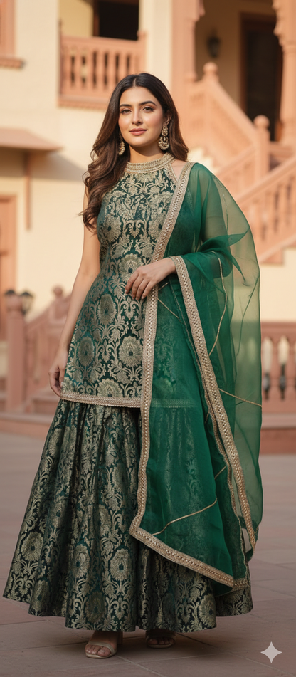 The Emerald Mughal-Print Banarasi Brocade Sharara Set