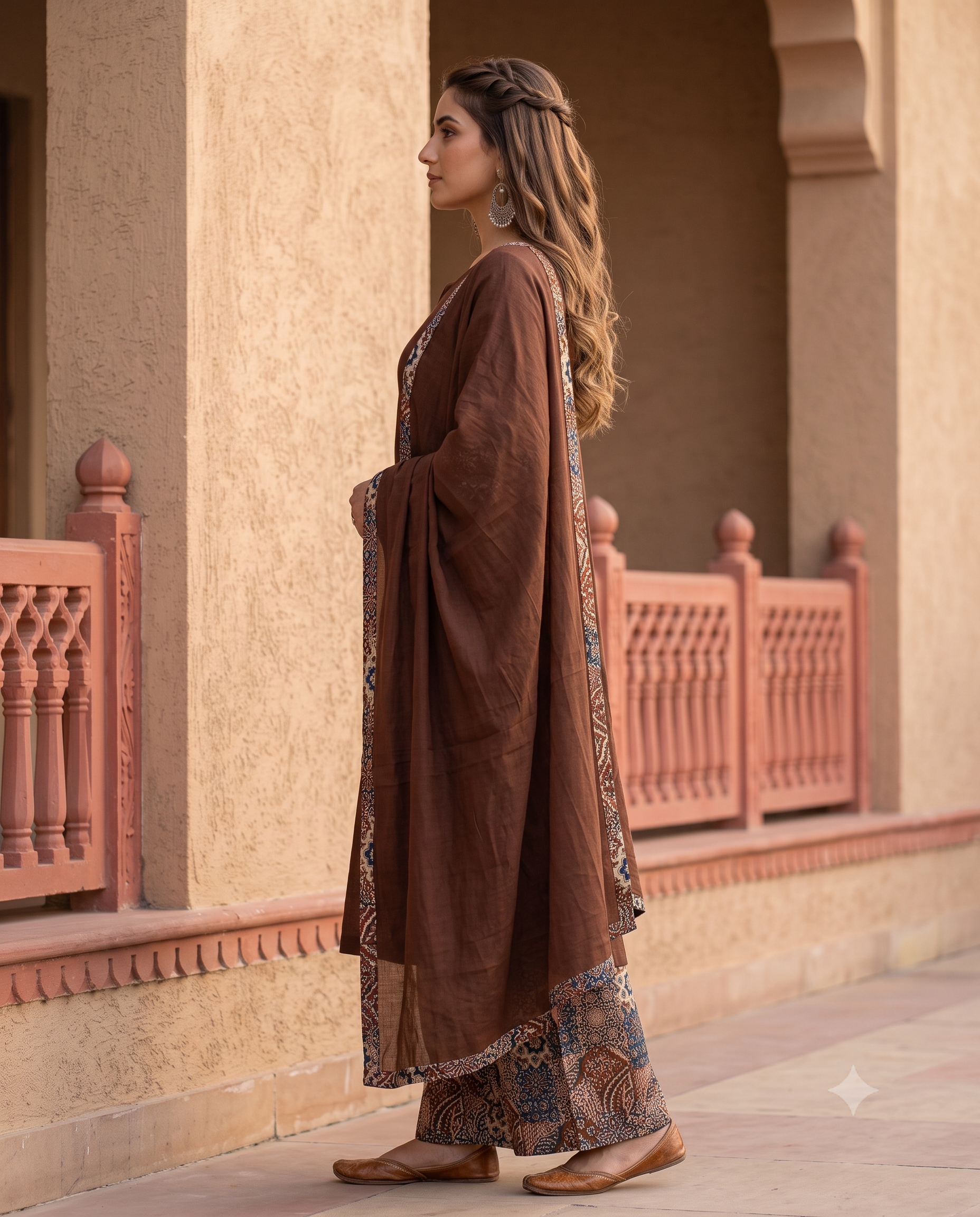 Roasted Coffee Brown Cotton Kurta Set | Patchwork Panel, Palazzo & Dupatta | Jaipur Trendz
