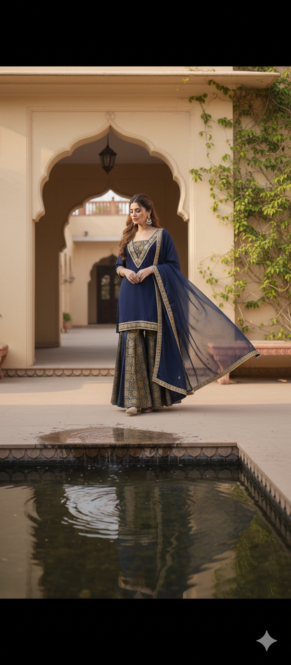 Embroidered  Kurti & Brocade Sharara Set with  Dupatta