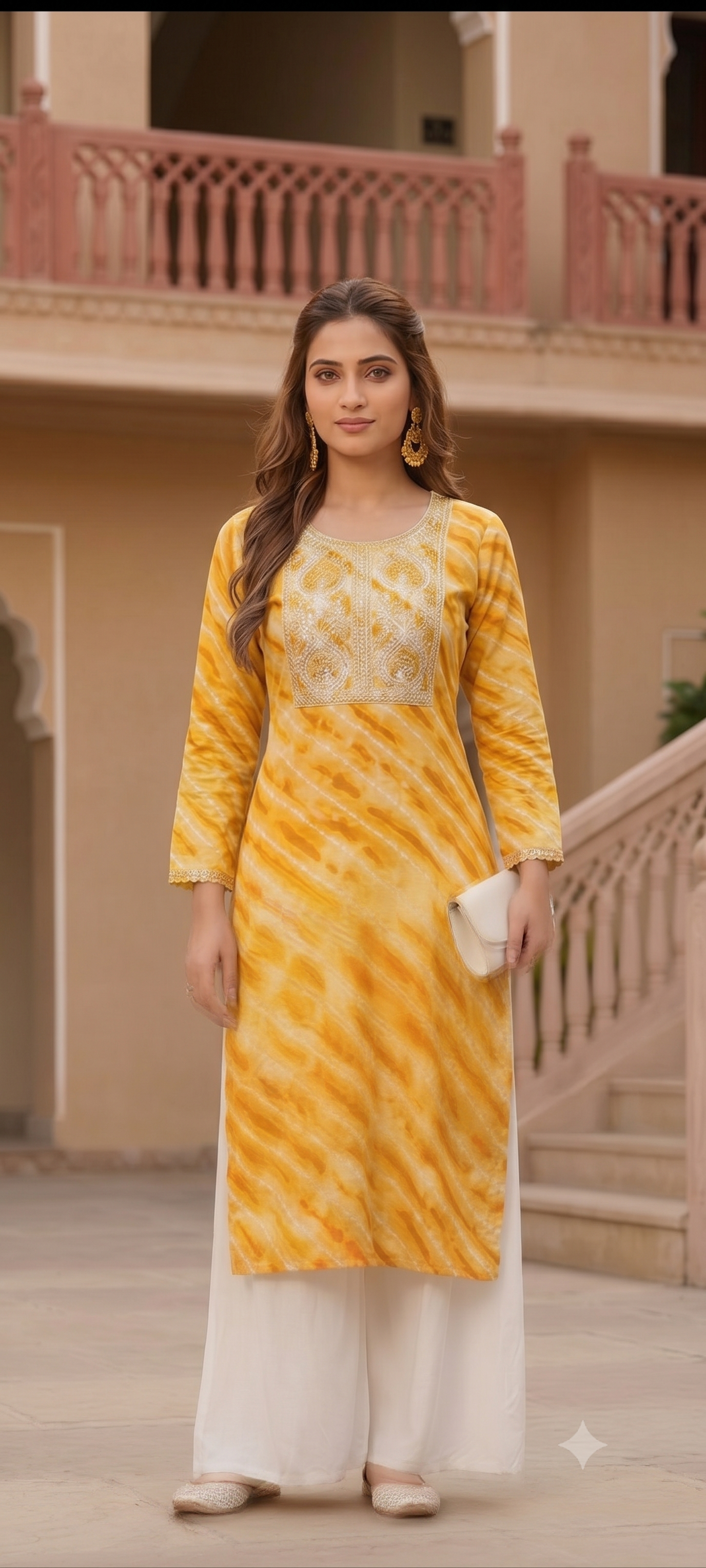 Leheriya Georgette Kurta | Silver Zari Gota Patti Embroidered Yoke | Jaipur Trendzz