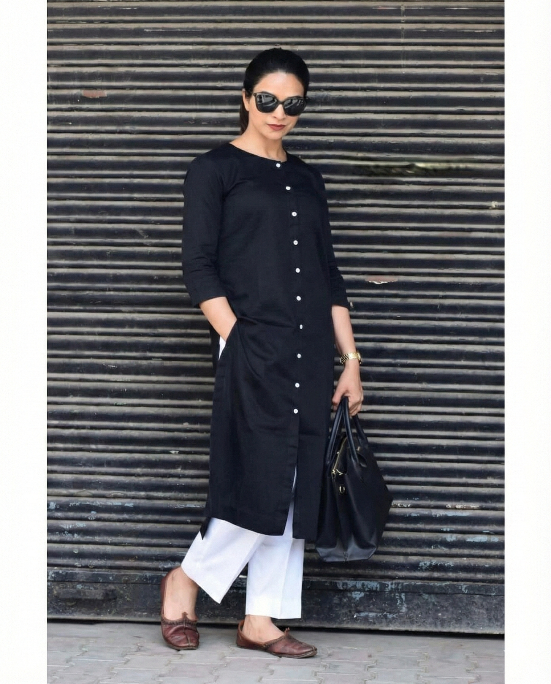Formal Office Wear Black And White Jam Cotton Classy Kurta Set