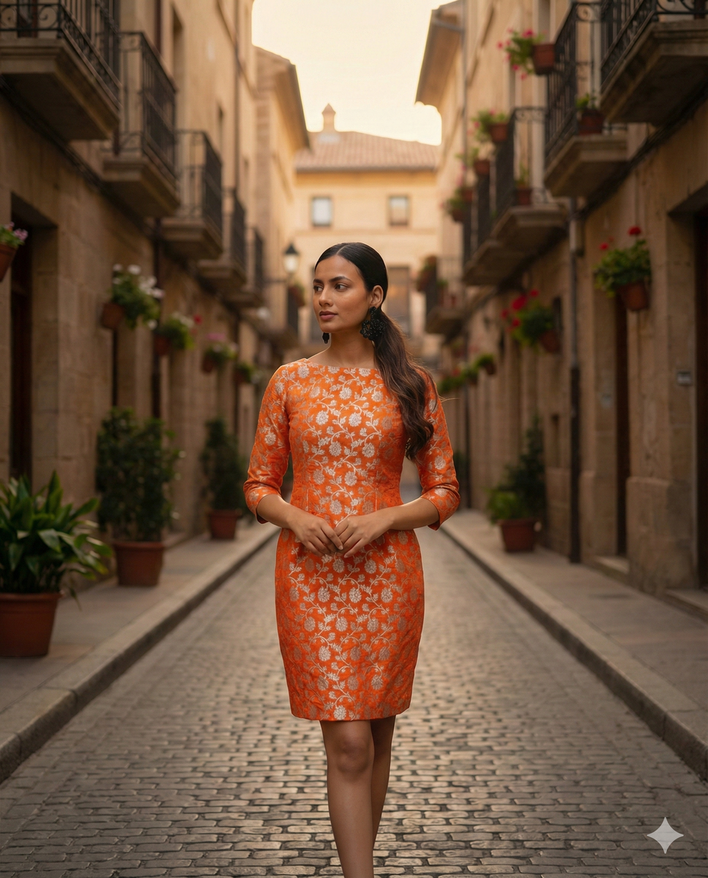Banarasi Brocade Sheath Dress in Sunset Orange