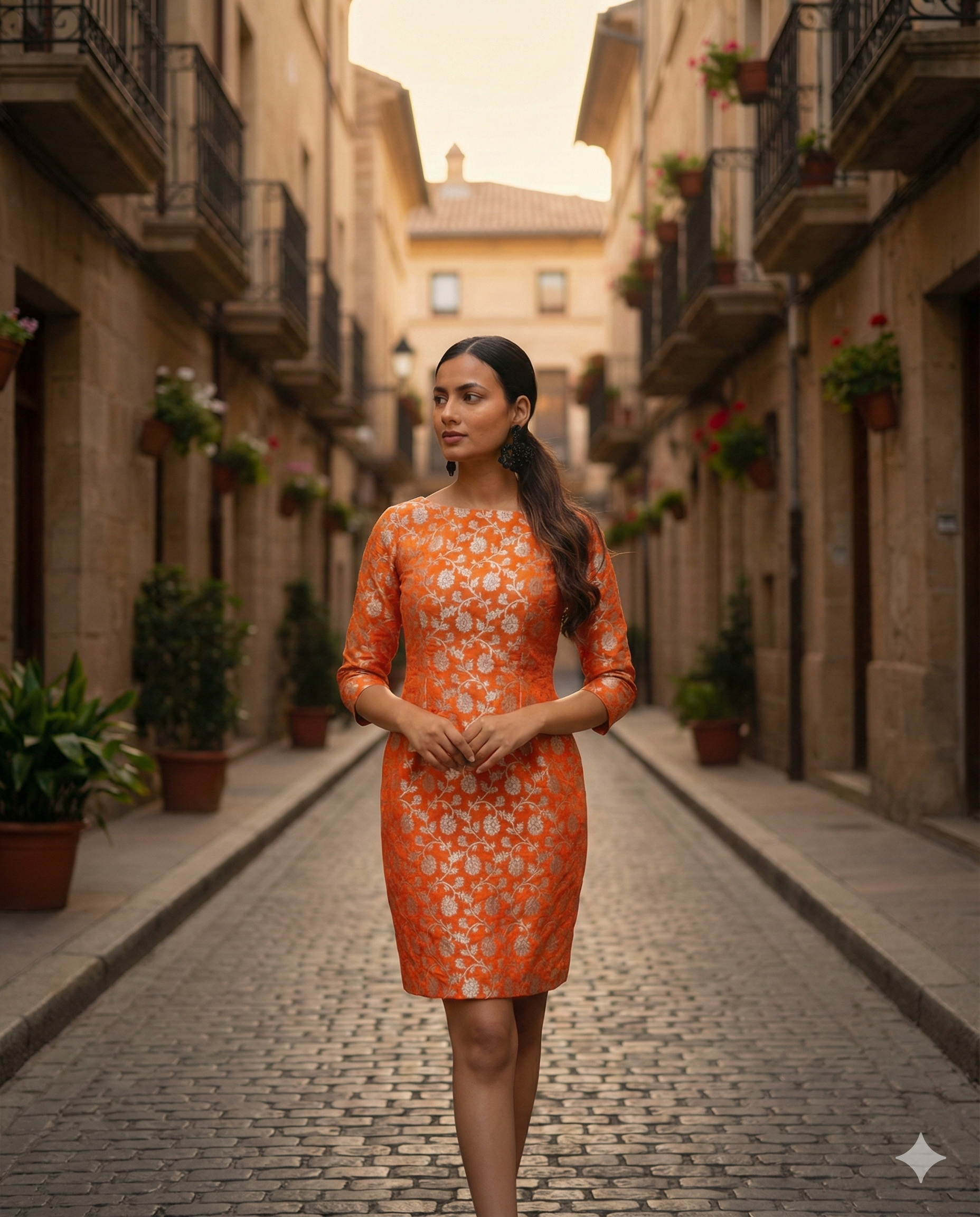 Banarasi Brocade Sheath Dress in Sunset Orange