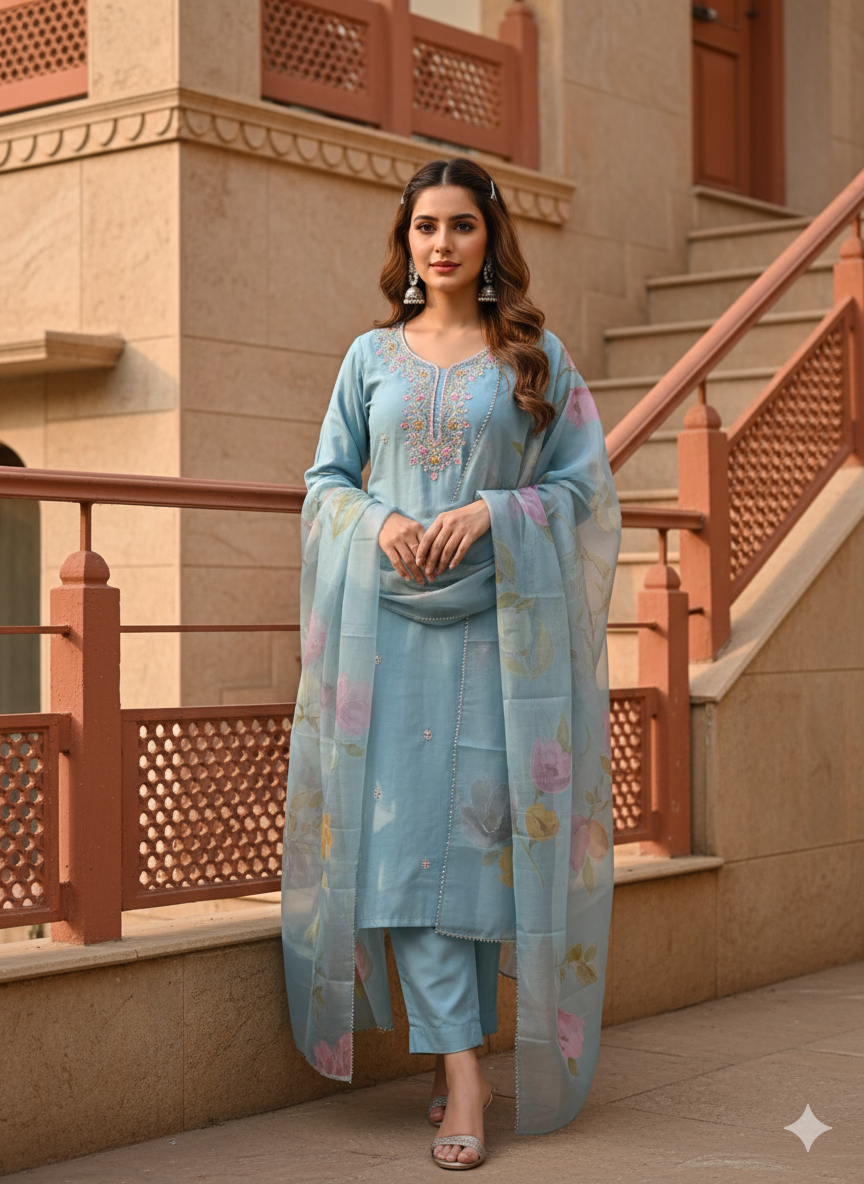 Heavy Silk 3 Piece Set With Organza Dupatta