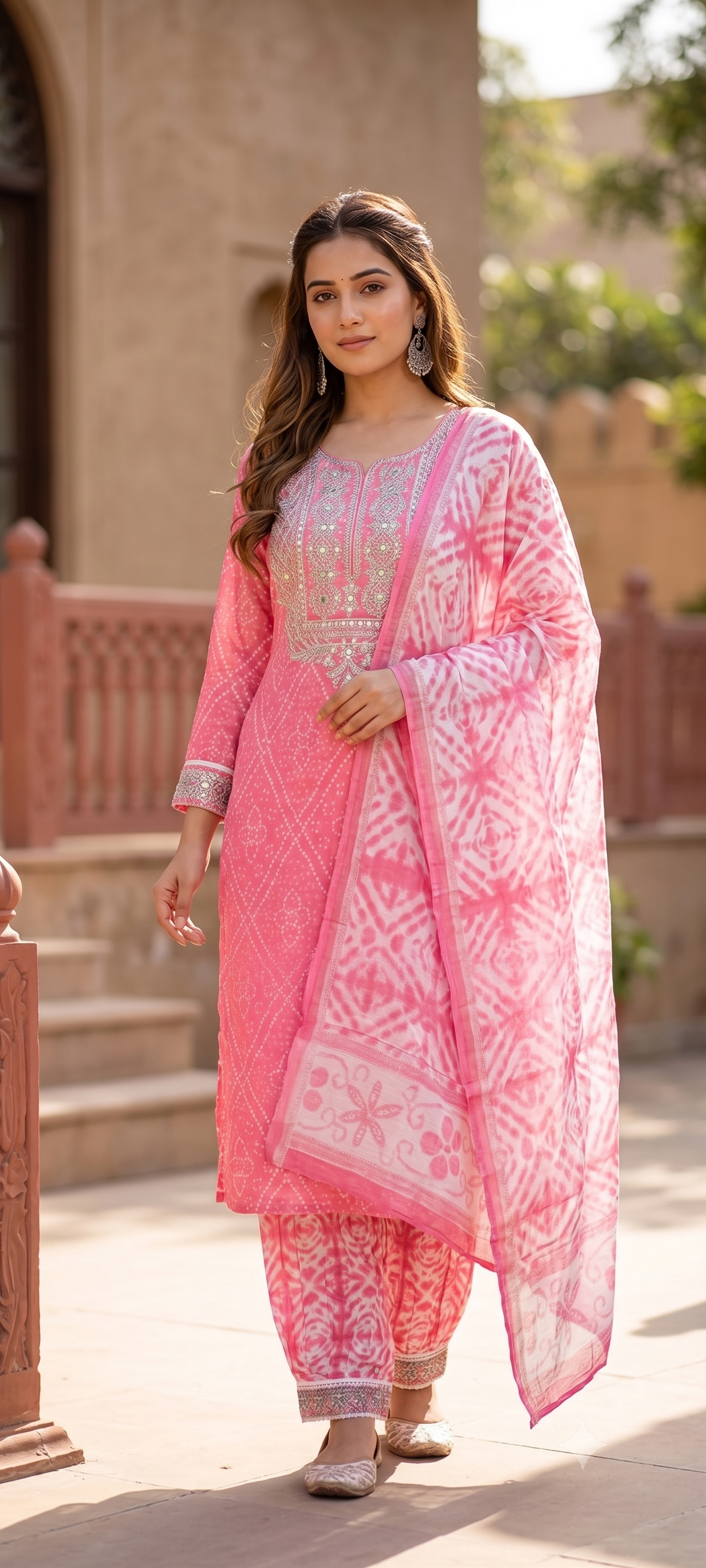 Blush Pink Bandhani Kurti Set with Shibori Dupatta and Detailed Zari Embroidery