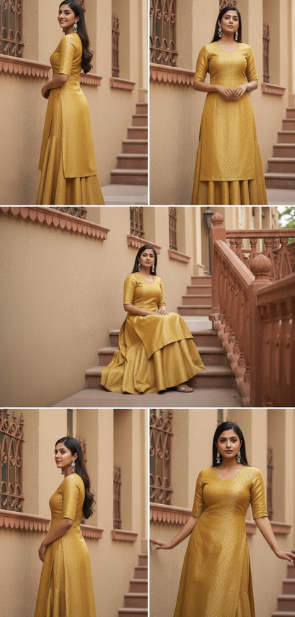 Regal Mustard Yellow Brocade Kurta and Sharara Set