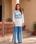 White & Cerulean Blue Embroidered Cotton Co-Ord Set