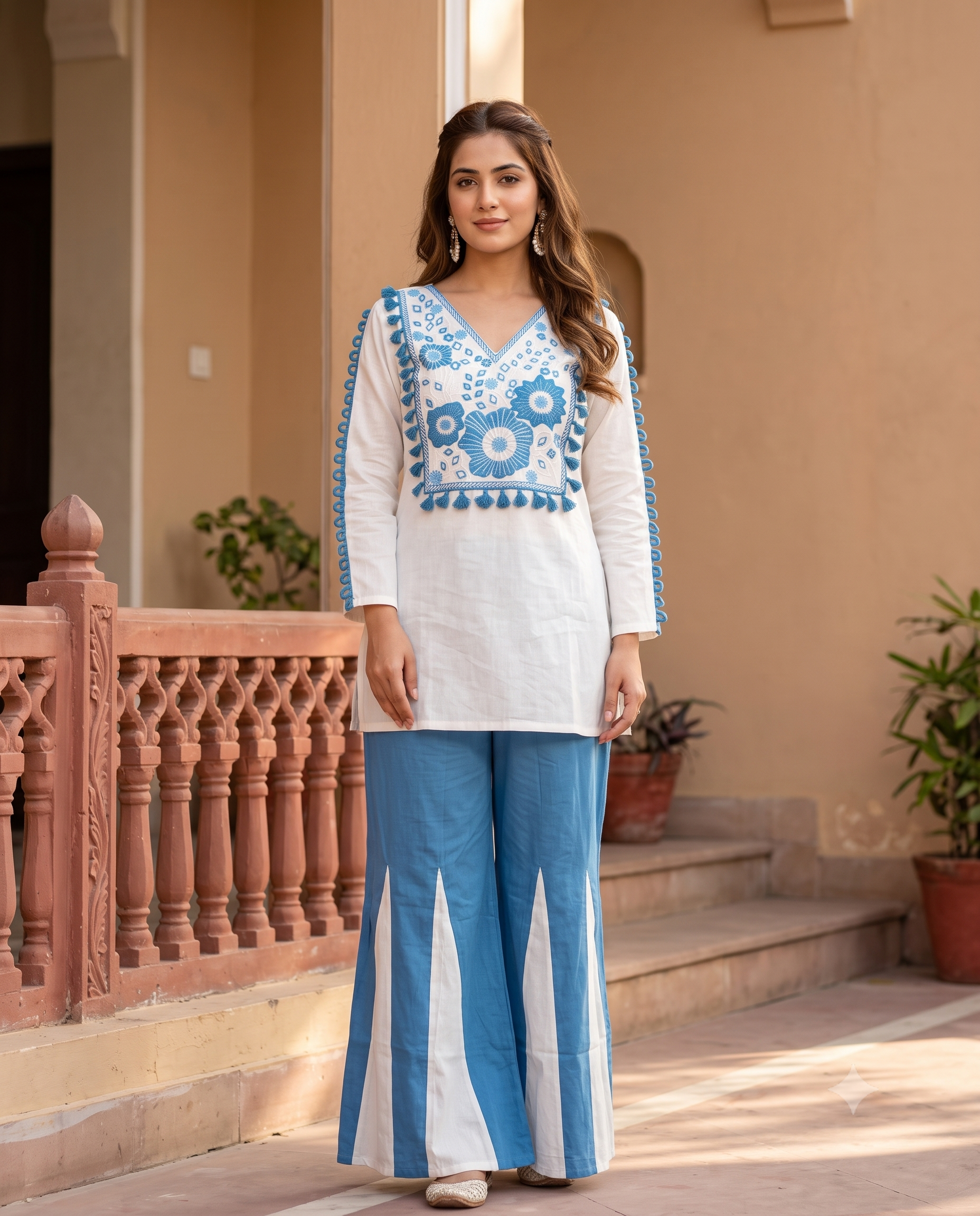 White & Cerulean Blue Embroidered Cotton Co-Ord Set